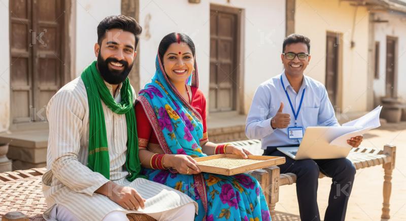 Cheerful Indian farmer couple in traditional attire sitting outs