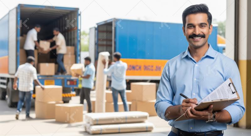 Cheerful Indian logistics supervisor with a clipboard standing i