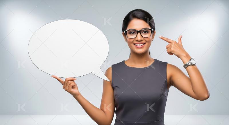 Cheerful young Indian businesswoman in glasses holding a blank s
