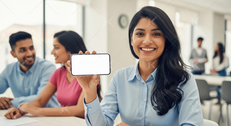 Cheerful young Indian businesswoman in a modern office proudly d