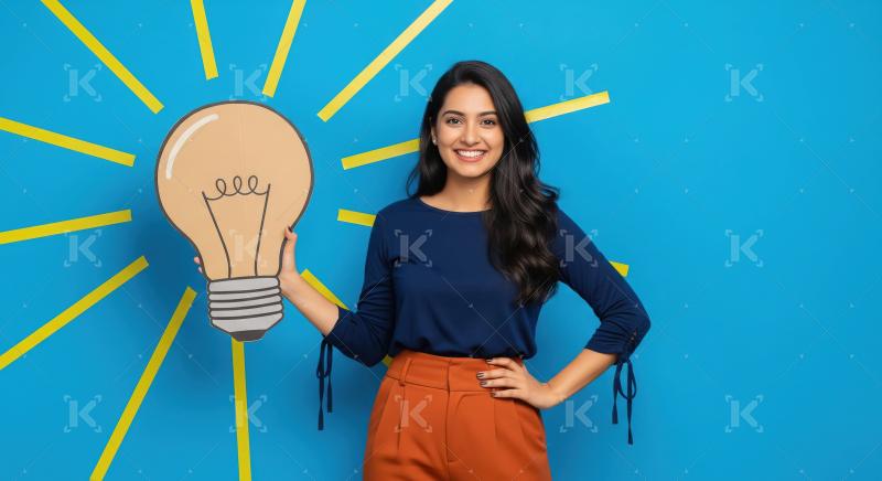 Cheerful young Indian woman standing against a bright blue backg