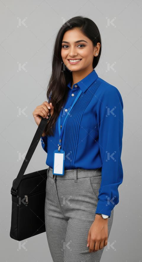 Cheerful young Indian professional woman in a blue blouse with I
