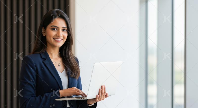 Young businesswoman or corporate female employee smiling