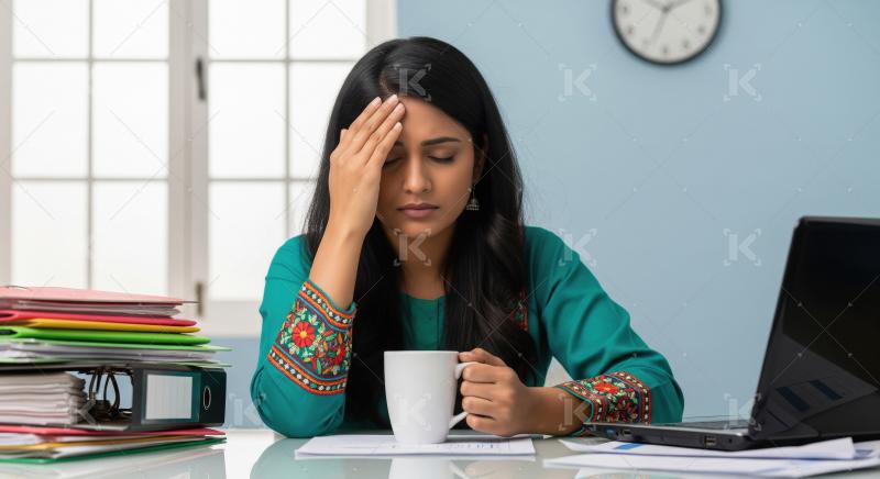 Stressed young Indian woman in an office holding her head with o