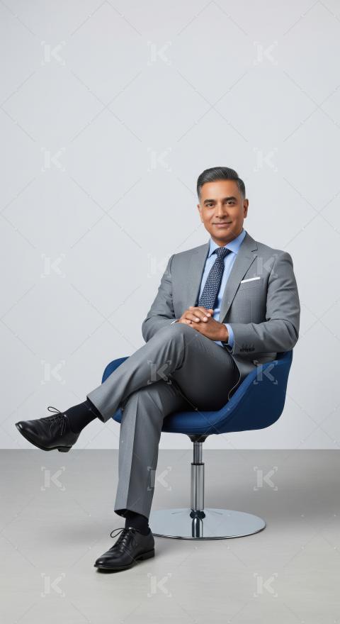 Confident middle‑aged Indian businessman in a sharp grey suit