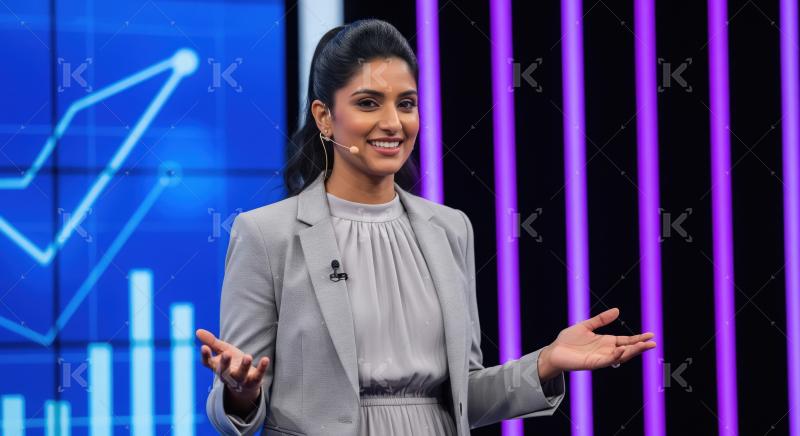 Confident young Indian woman presenter in a light grey suit spea