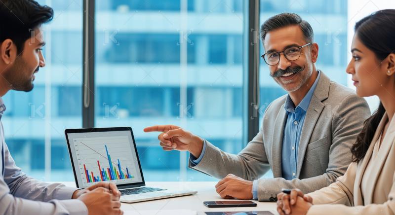 Smiling middle‑aged Indian businessman presenting colorful bar
