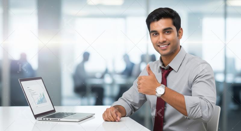 Happy indian businessman or corporate employee showing thumps up