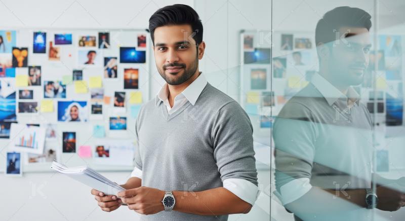 Young indian male corporate employee standing confidently