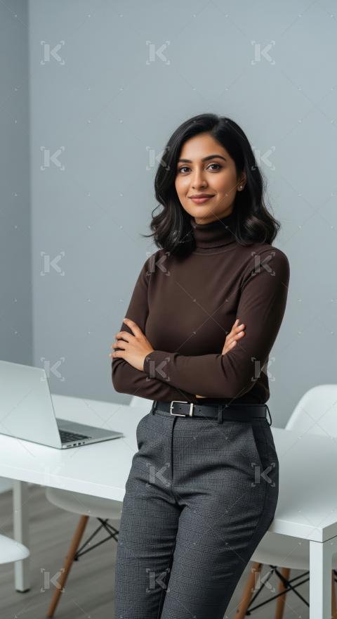 Young indian businesswoman standing confidently at office