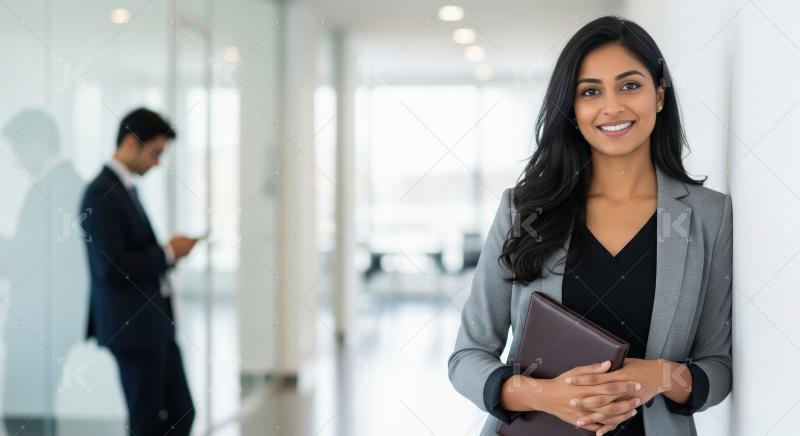 Young indian businesswoman standing confidently at office