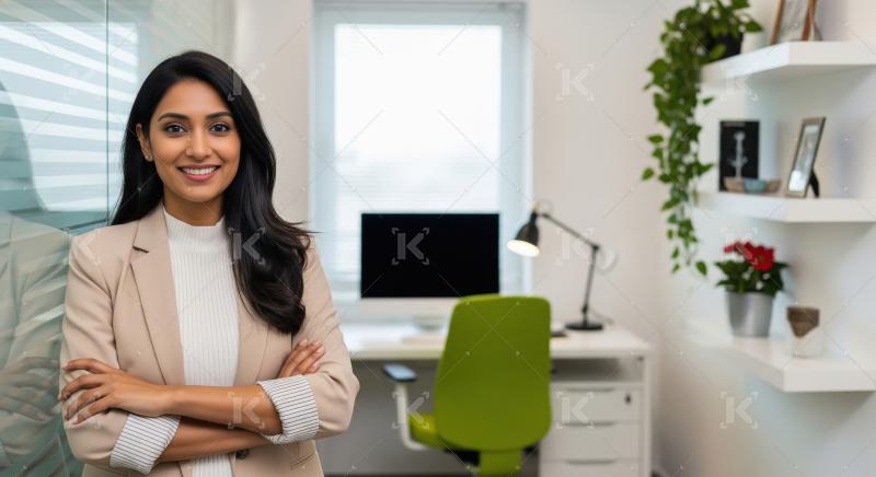 Young indian businesswoman standing confidently at office