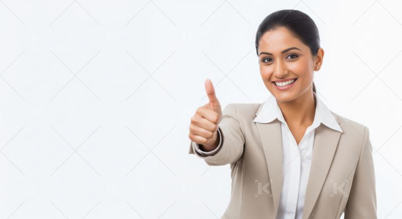 Confident cheerful Indian businesswoman in a beige blazer smilin