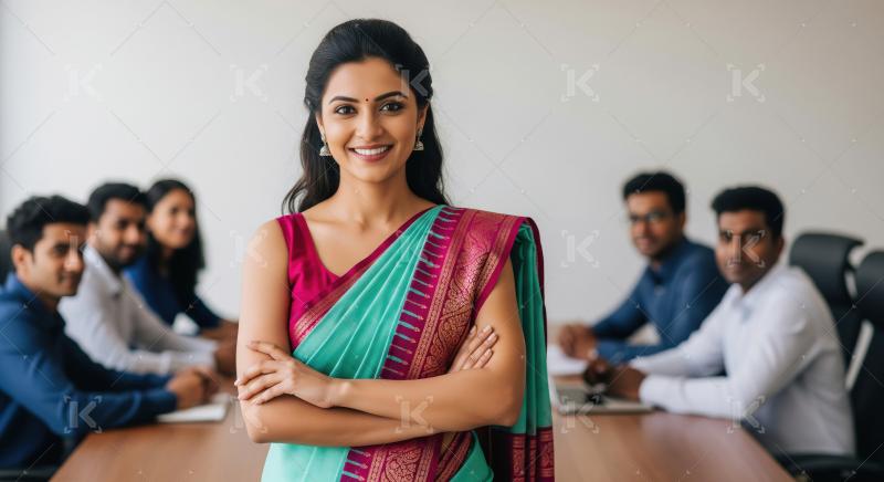 Confident and elegant young Indian woman in a vibrant teal and m