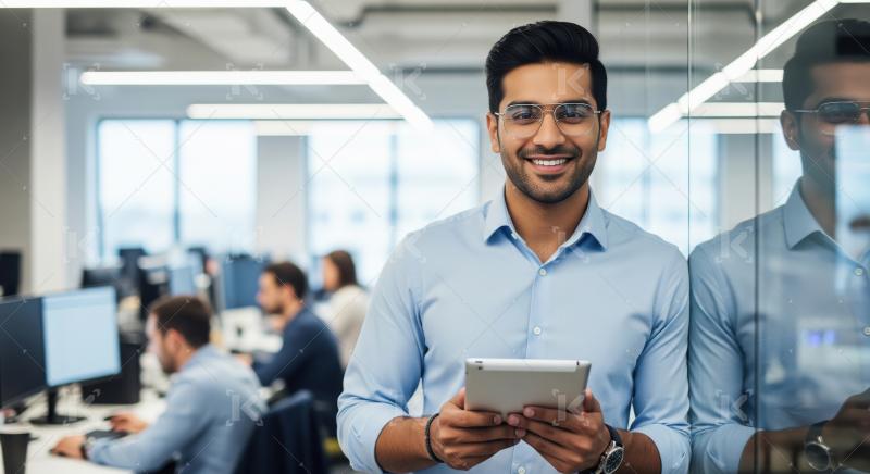 Young indian male corporate employee standing confidently