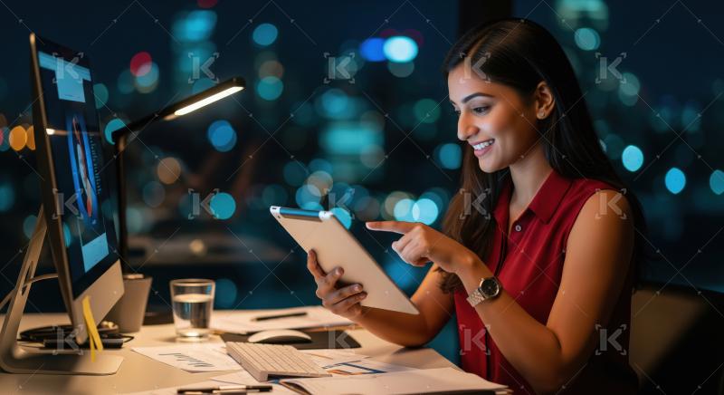 A focused young professional works late at a modern office, revi