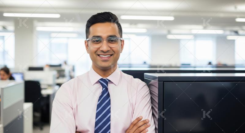 Young indian male corporate employee standing confidently