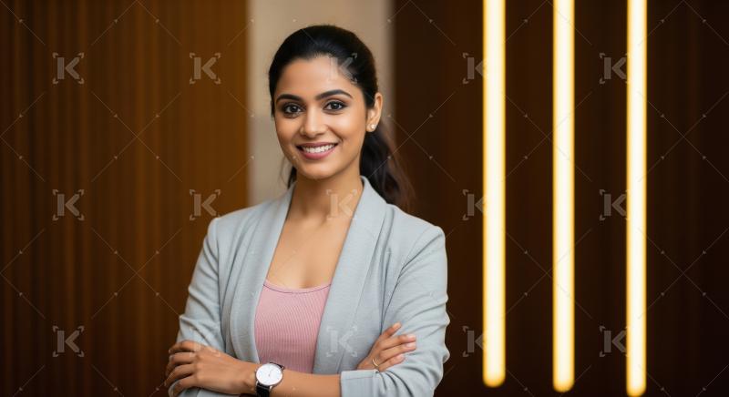 Young indian businesswoman standing confidently at office