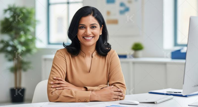 Young indian businesswoman standing confidently at office