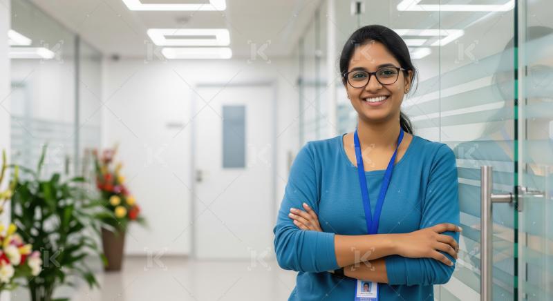 Young indian businesswoman standing confidently at office