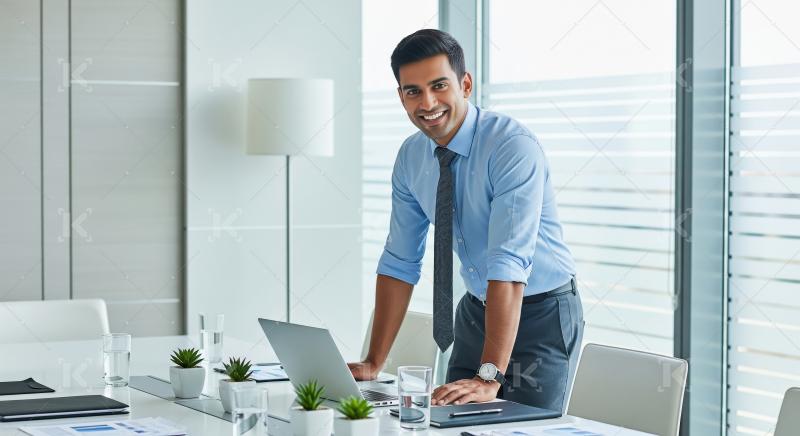 Young indian male corporate employee standing confidently