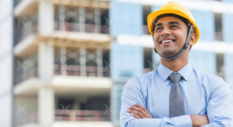 Confident young Indian construction engineer smiling with arms c