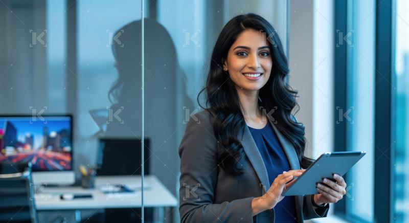 Young businesswoman or corporate female employee smiling