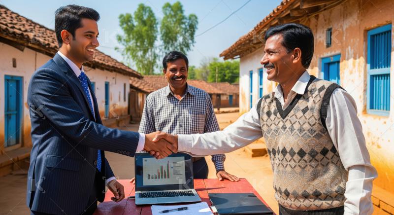 A rural Indian businessman and a local professional shake hands