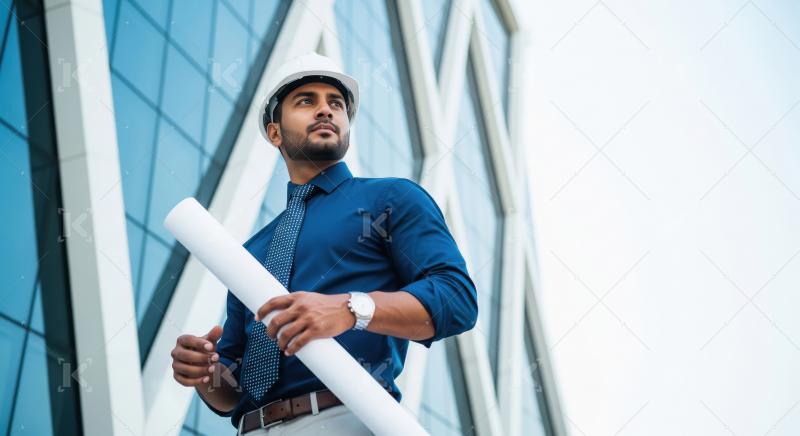 Confident professional male architect wearing a hard hat, holdin