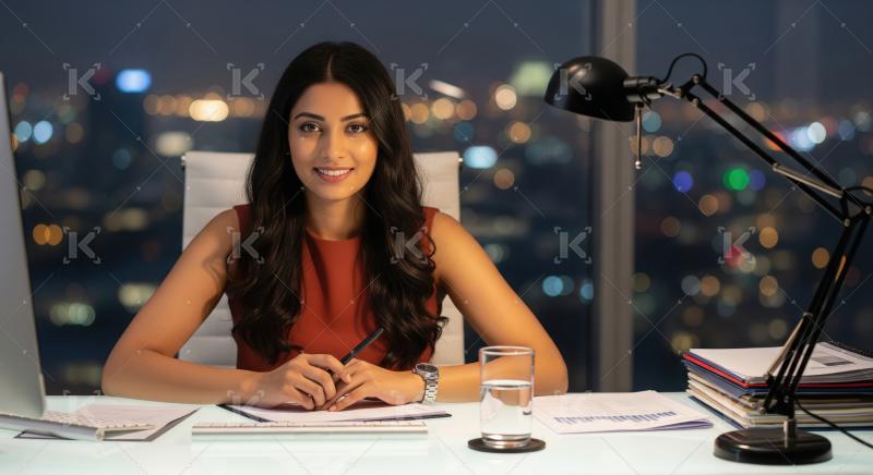A confident young businesswoman works late at her desk, smiling