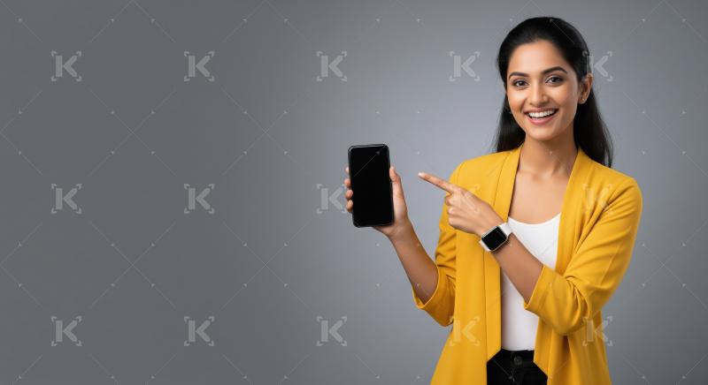Young corporate woman showing smartphone screen