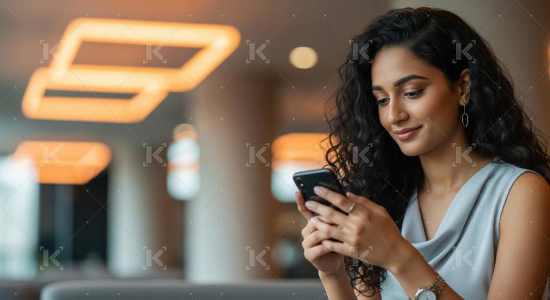 A stylish young woman with long curly hair sits in a modern loun