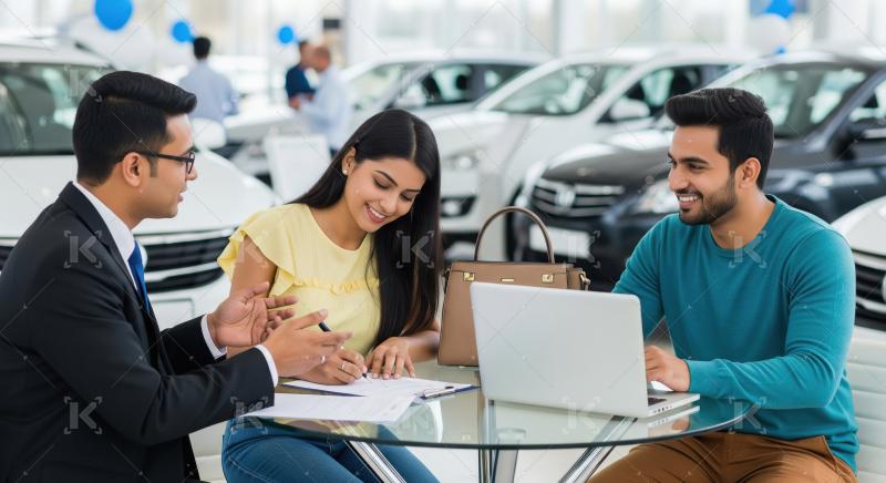A young couple sits with a car sales representative in a showroo