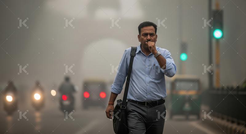 A worried office worker walks through heavy city smog, covering