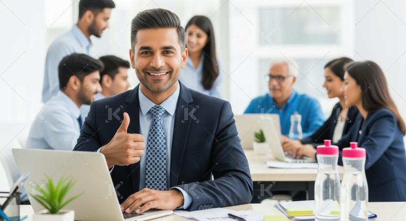 A confident young businessman in a suit gives a thumbs‑up at h