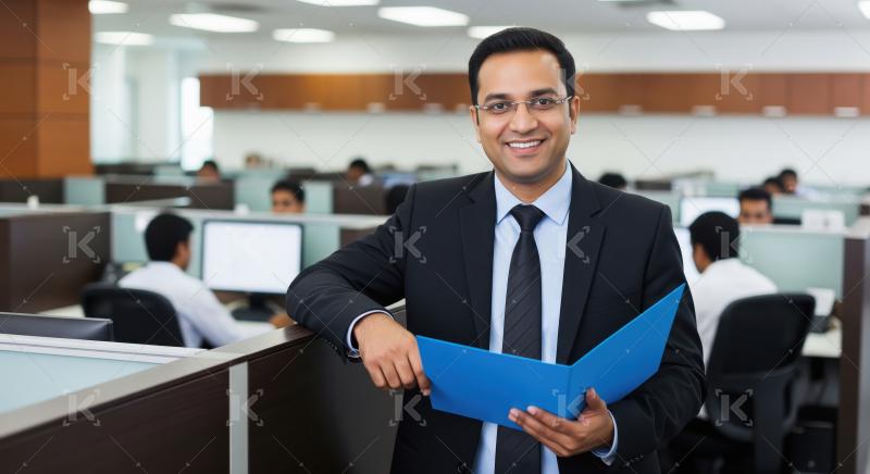 A confident office professional in a suit smiles at the camera w
