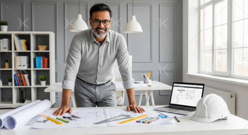 A confident architect or designer leans over blueprints in a bri