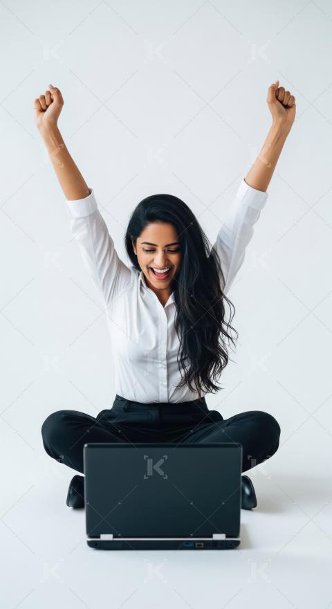 Young corporate woman sitting on floor with laptop and cheerful