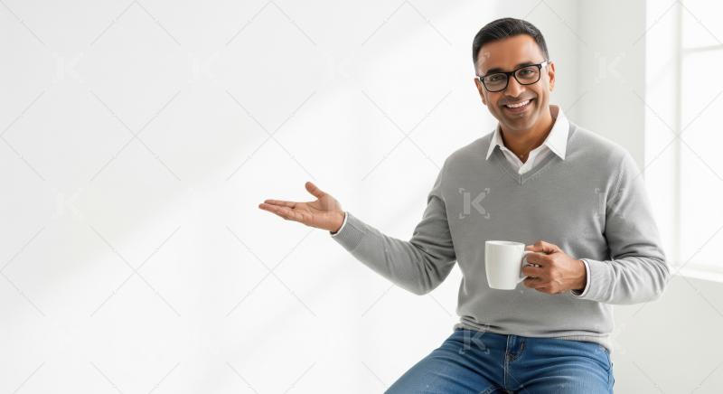 Middle age man holding coffee cup and pointing empty space