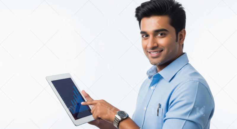 Young man showing graph in tablet