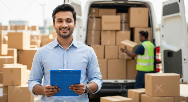 A confident logistics professional standing in front of a delive