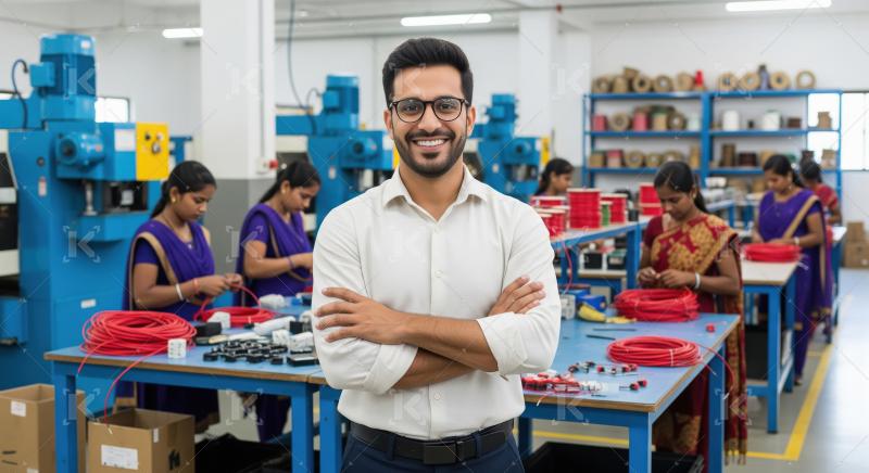 A confident manufacturing manager standing in a modern factory,