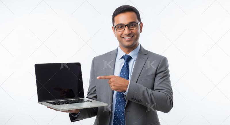 A smiling businessman in a grey suit confidently presenting a bl