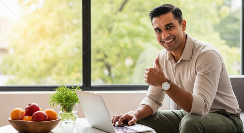 A cheerful young man working on his laptop in a bright home offi