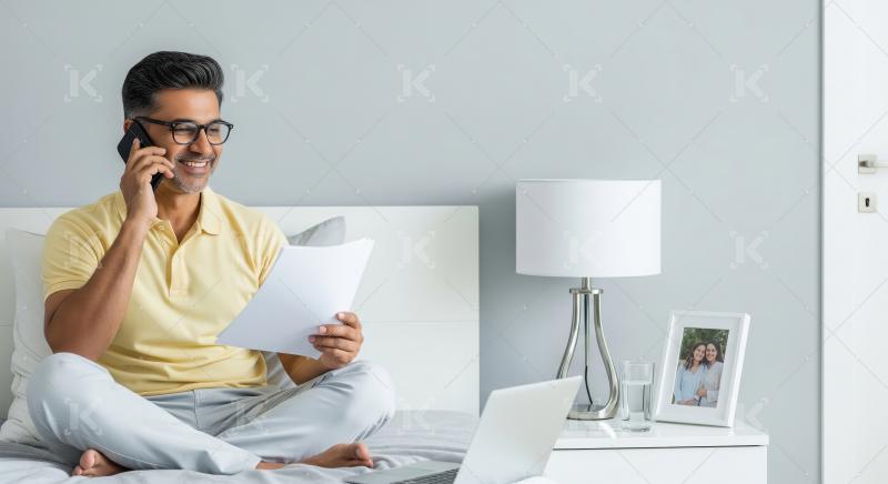 A cheerful middle‑aged man works comfortably from his bed, tal