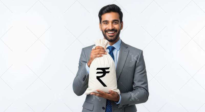 A smiling young Indian businessman in a grey suit holds a money
