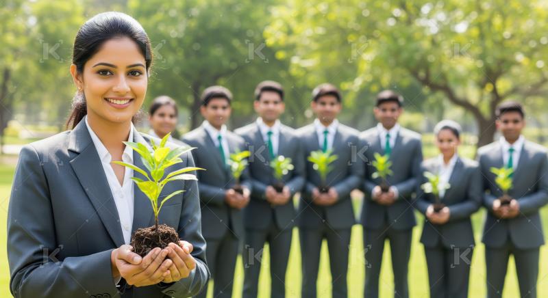 A smiling young businesswoman in a suit stands in a green park h