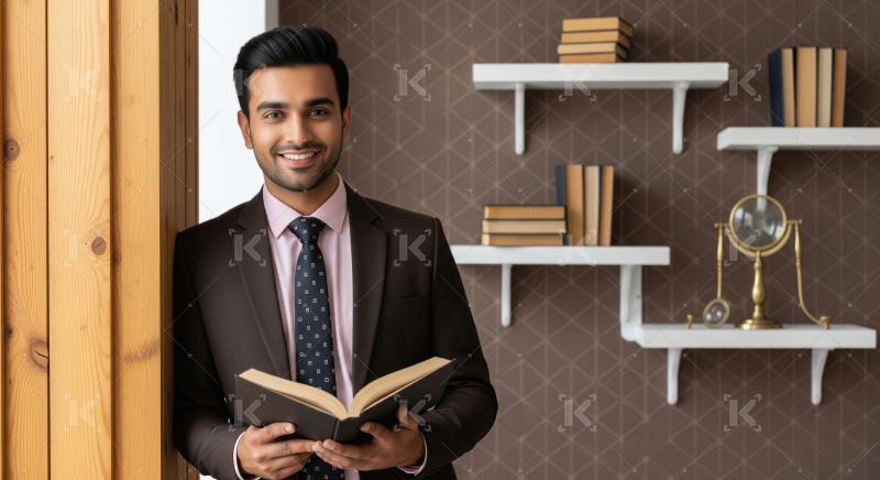 Young professional man in a suit reading a book in a stylish off