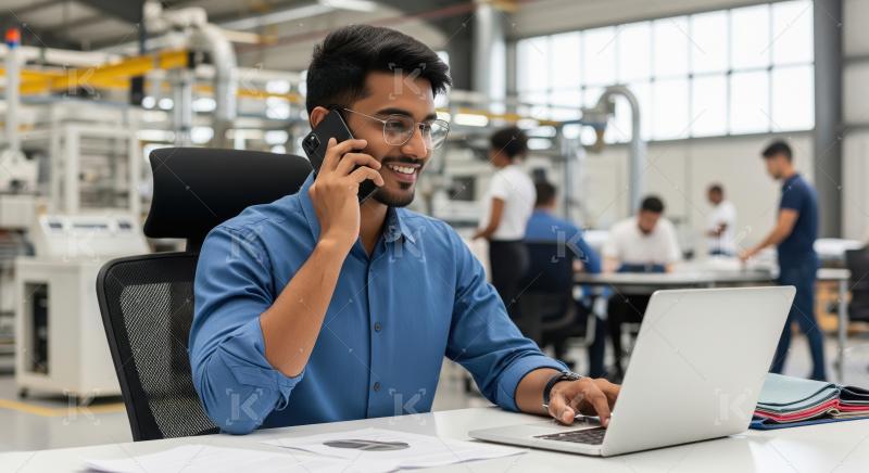 Smiling young professional in a modern factory office, talking o