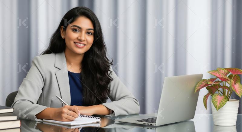 Young corporate woman smiling while working